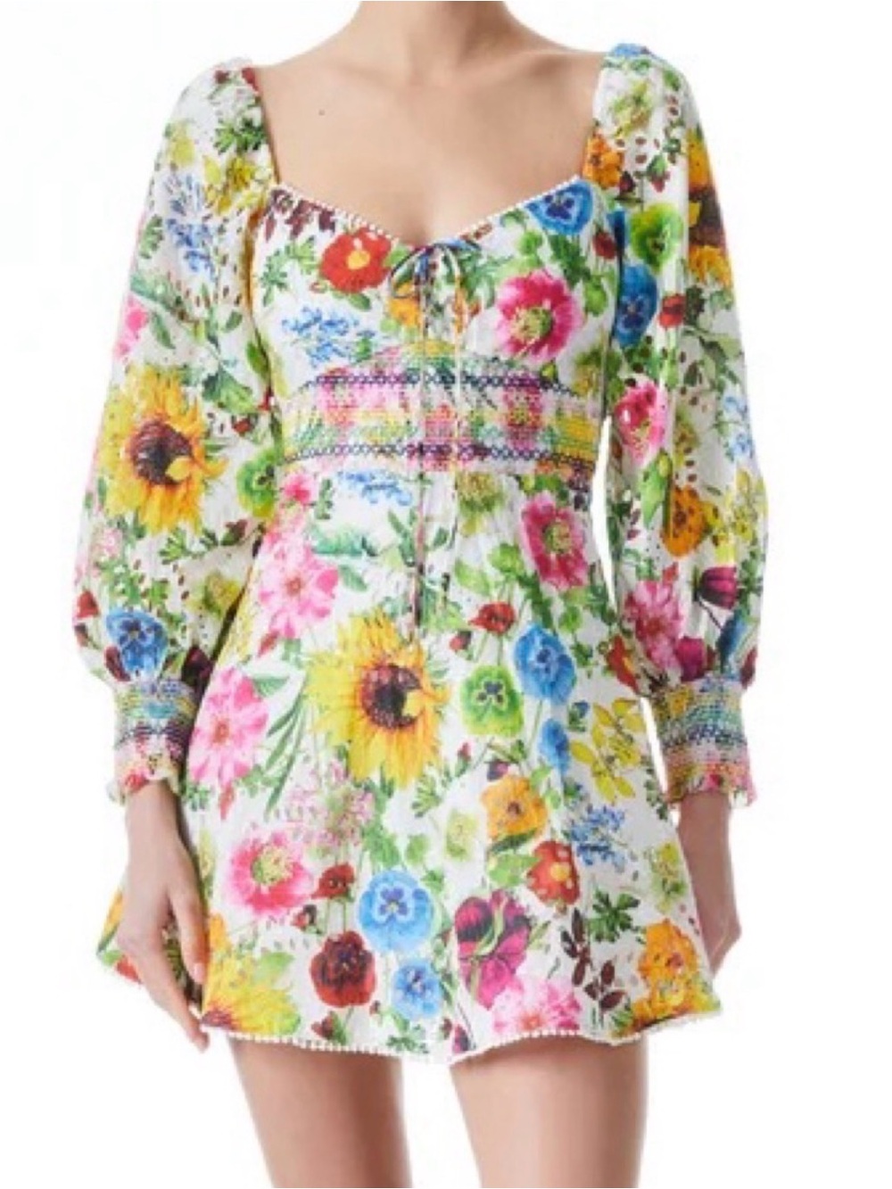 Alice + Olivia White Floral Mini Dress with Multicolor Blooms